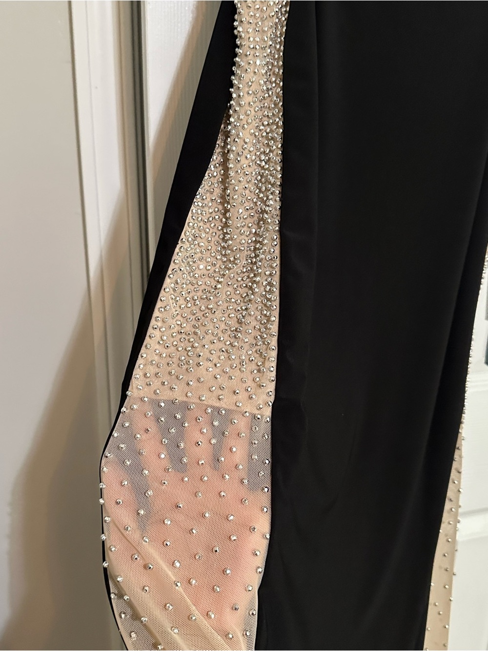 Xscape Black Off-Shoulder Long Sleeve Gown Crystal Embellishment Side Panels - Picture 11 of 16